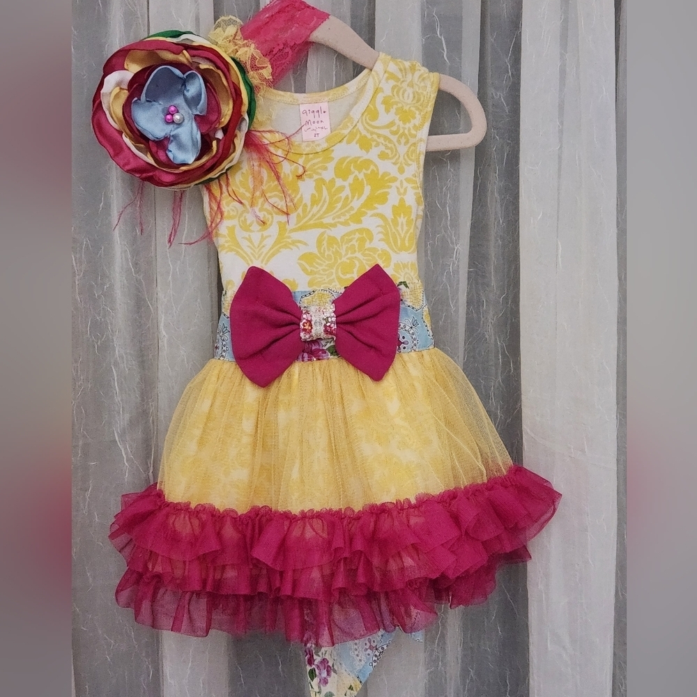 Giggle Moon Yellow/Mauve/Blue Dress w/Bow & Fancy Lace Headband, Size 2T, NWOT